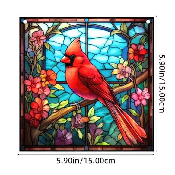 Cardinal Suncatcher Red Bird Square Metal Hanging Chain Indoor Outdoor Heaven - Picture 2 of 2